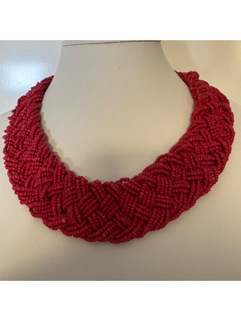 Braided Red Seed Bead Statement Necklace Chunky Collar Vintahge Jewelry